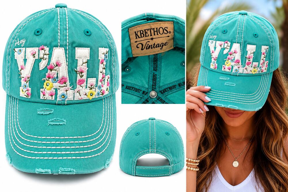 KBETHOS Vintage "Y'ALL" Floral Embroidered Distressed Baseball Cap